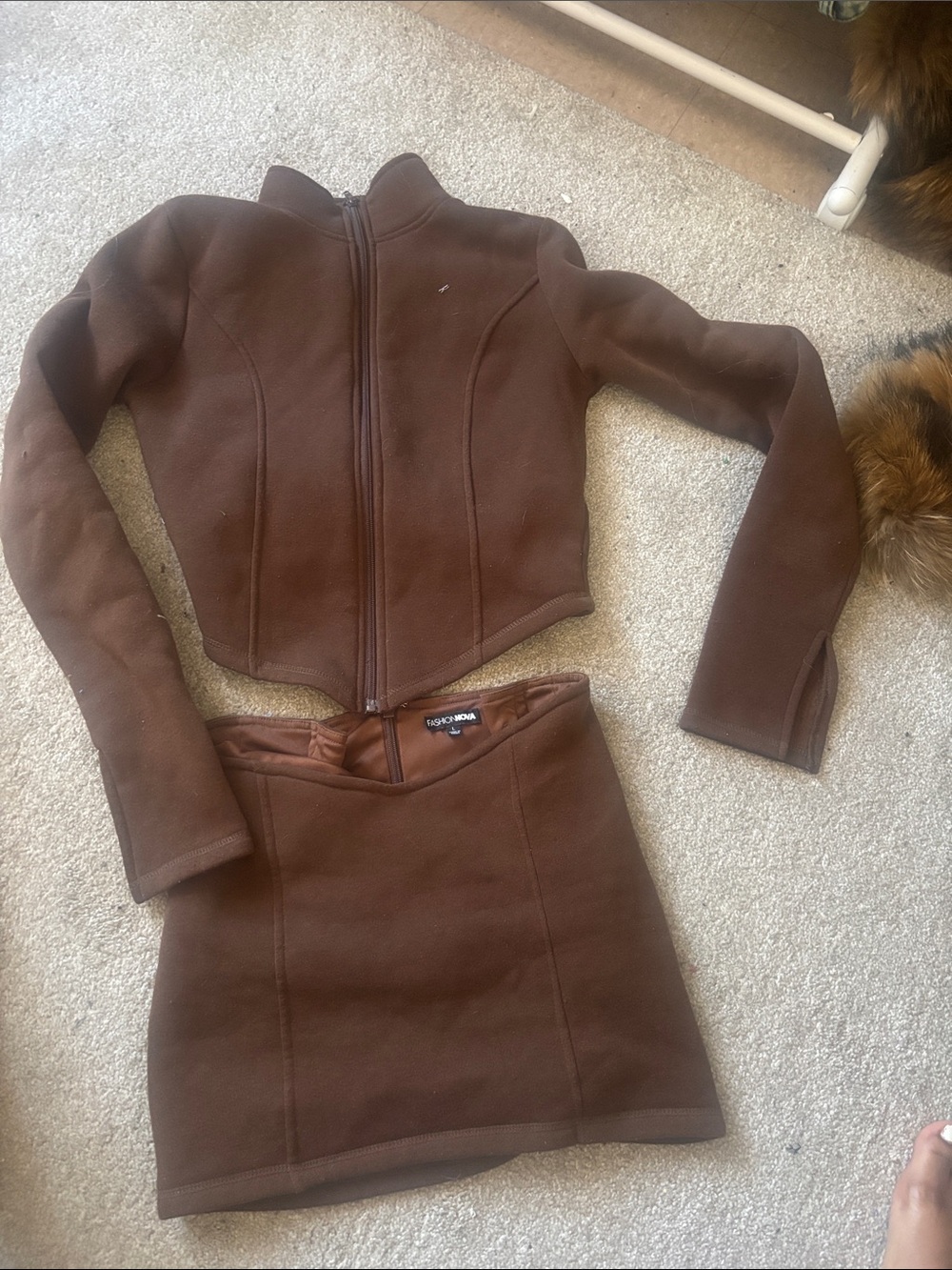 Fashion Nova Brown Cropped Zip Jacket and Skirt Set